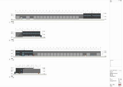 Fasadetegning som viser bygningens utseende fra fire sider: Nord, Vest, Sør og Øst.