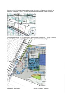 Bildet viser to situasjonsplaner (tomtekart) som illustrerer plassering av en avgjørsel i forhold til regulert utbyggingsområde og eksisterende infrastruktur.