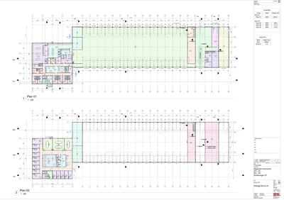 Bildet viser to etasjeplaner (Plan 01 og Plan 02) for en bygning, som illustrerer romfordeling, vegger og dører.