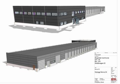 3D-perspektivtegning (rendering) av en planlagt bygning sett fra utsiden.