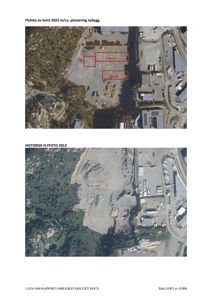 Bildet viser to flyfotografier av en tomt. Det øverste bildet er datert ca. 2023 og viser en planlagt plassering for nybygg (merket 'NYBYGG'). Det nedre bildet er et historisk flyfoto fra 2013 som viser tomten før utbyggingen.