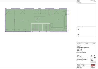Etasjeplan (forprosjekt) som viser romfordeling, areal (BRA) og veggkonstruksjoner for en nybygging.