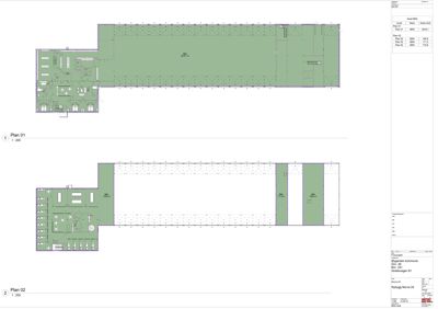 Bildet viser etasjeplaner (Plan 01 og Plan 02) for en bygning, med romfordeling, arealoppdelinger og konstruksjonslinjer.