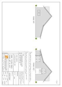 Fasadetegning som viser bygningens utseende fra øst og vest, inkludert vinduer, takform og materialer.