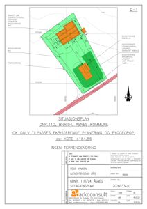 Situasjonsplan som viser tomtens grenser, eksisterende bygninger og planlagt utvidelse av etasje.