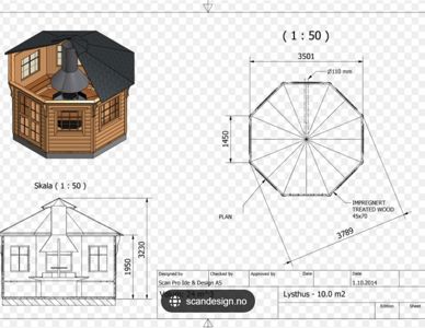En tegning som viser fasadeoppsett (oppriss) og planutsnitt av en liten bygning (Lysthus). Tegningen inkluderer mål, skala og materialebeskrivelser.