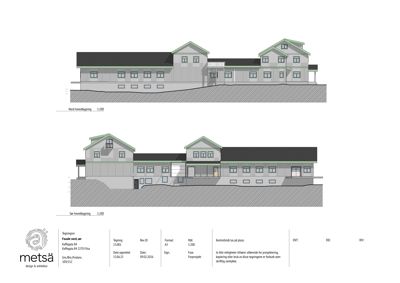 Fasadetegning som viser bygningens utseende fra nord og sør.