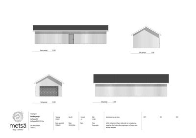 Fasadetegning som viser bygningens utsyn fra fire sider: Nord, Øst, Vest og Sør.