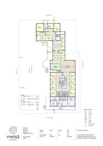 Etasjeplan (Plan 1.etg) som viser romfordeling, arealer og funksjoner for et leilighetskompleks.