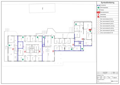 Etasjeplan (symbolforklaring) som viser romfordeling, brannsikring og utrykningsveier.