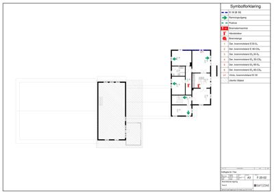Etasjeplan (F-20.02) med symbolforklaring for brannsikring og romfordeling.