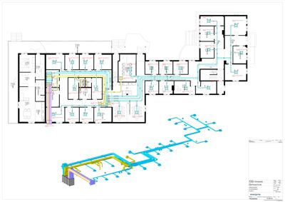 Tegning som viser romfordeling (plantegning) overlappet med detaljerte rørledninger og teknisk utstyr, sannsynligvis for VVS eller klimaanlegg.