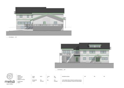 Bildet viser fasadetegninger for en bygning sett fra vest og øst, inkludert detaljer om tak, vinduer og trapper.
