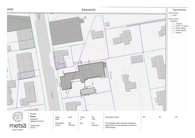 Situasjonsplan (kartutsnitt) som viser bygningers plassering i forhold til vegger, eiendomsgrenser og naboeiendommer.