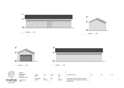 Fasadetegning som viser bygningens utseende fra fire sider: Nord, Øst, Vest og Sør.
