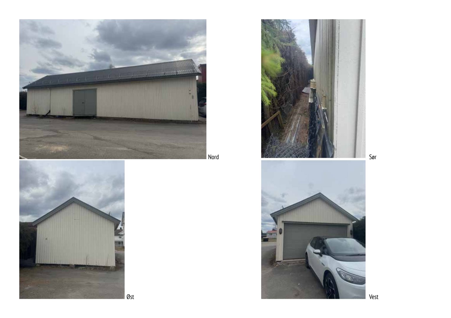 Fotografier av en bygning sett fra fire sider (Nord, Sør, Øst, Vest).