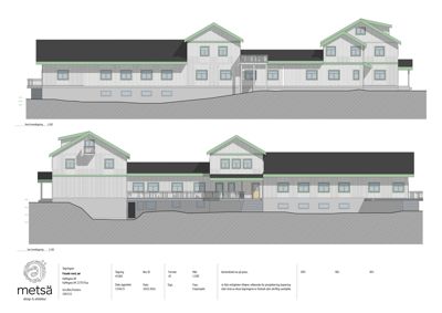 Fasadetegning som viser bygningens utseende fra to ulike vinkler (for- og bakside) med detaljer om tak, vinduer og fasadepanel.