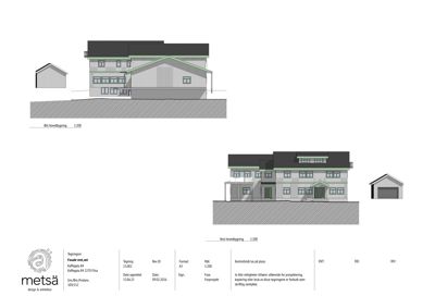 Fasadetegning som viser bygningens utseende fra to ulike vinkler (sannsynligvis nord og vest), inkludert takform, vinduer og fasadematerialer.
