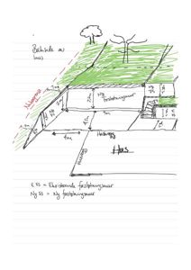 Håndtegnet situasjonsplan som viser en skråning, eksisterende og nye forstøtningsmurer, husveggen og et hus.