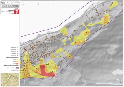 Kart over kartleggingsområde Voss-Gano som viser fareområder med årlig sannsynlighet for skred og skredtyper.