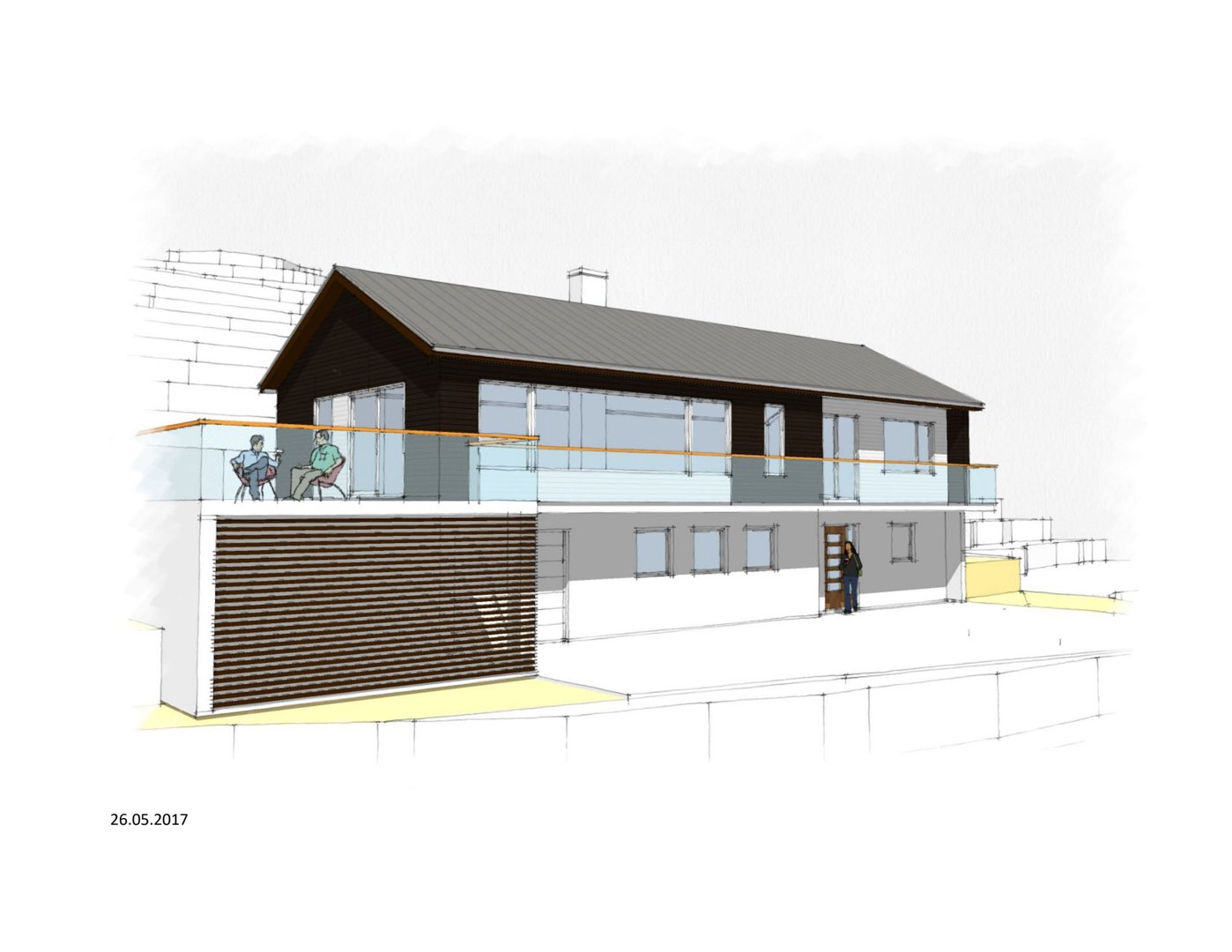 3D-visualisering (rendering) av en planlagt bygning sett fra siden, med detaljer som fasadematerialer, balkong og terrassering.