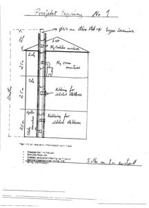 En håndskrevet tegning som viser et tverrsnitt gjennom en bygning (eller del av den), med mål på høyder og detaljer om installasjoner.