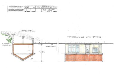 En håndtegnet tegning som viser fasade og tverrsnitt av en bygning (tannishus).