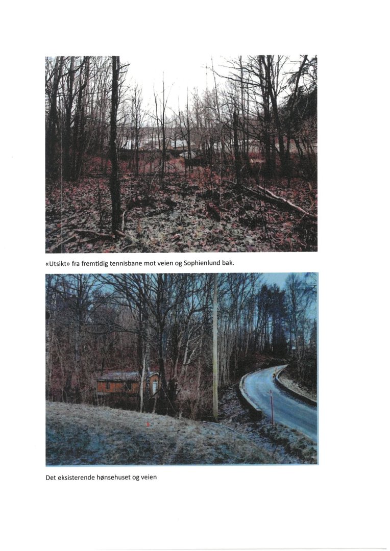 To fotografier som viser utsikt fra en fremtidig tennissbane og det eksisterende hønsehuset med vei.