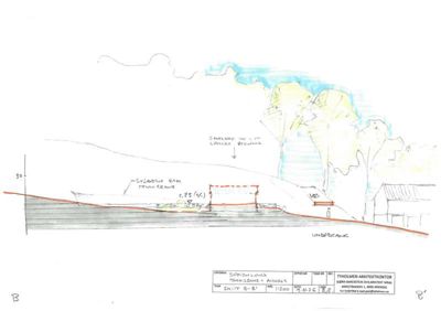 Snittegning som viser bygningens plassering i terrenget, høydekurver og terrengform.