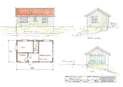 Fasadetegning med oppriss av bygning sett fra fire ulike vinkler (Sør, Nord, Vest, Øst), inkludert en plantegning og dimensjoner.