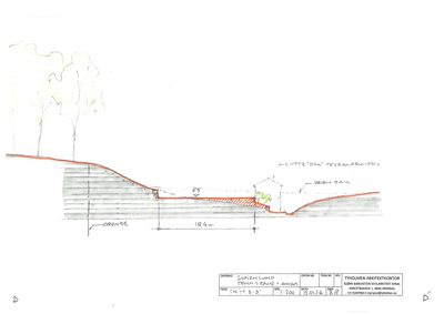 Snittegning som viser terrengprofil, trinn, og bygningens plassering i forhold til terrenget.