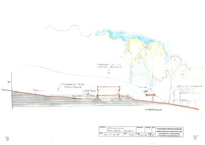Snittegning som viser bygningens plassering i terrenget, høydekurver og terrengform.