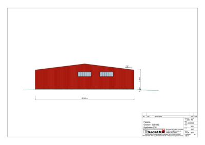Fasadetegning som viser bygningens utseende sett fra siden, inkludert mål og vindusoppsett.