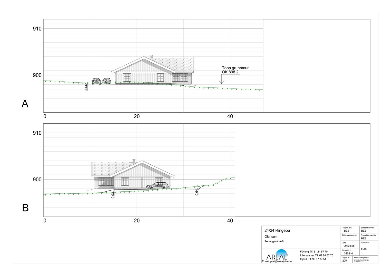 Fasadetegning (opprikk) som viser bygningens profil sett fra siden, med angivelse av terrengforhold og grunnmurhøyder.