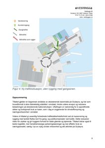 Et situasjonskart som viser en ny trafikksituasjon med angitte vegtrafikk- og gangveier, samt en oppsummeringstekst om tiltaket.