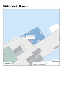 Kart over et kaisenterområde med angitte mål og areal for en planlagt utvidelse.