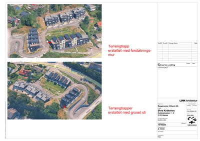 Fotografisk dokumentasjon av en byggeplass med to bilder som viser forslag til endringer i terreng (erstatning av trapper med murer/grus).