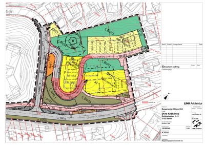 Situasjonsplan som viser tomtens form, innmålte veier, bebyggelse og topografi.