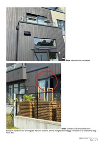 To fotografier av en bygning med tekster som forklarer detaljer om rekkverk og terrassedører.