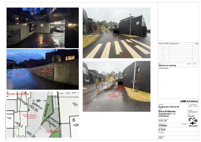 En collage som viser flere bilder av en bygning (parkering, fasade) og en situasjonsplan med merknader om endringer.