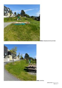 Fotografier av et utomhusområde med lekeplass og bygninger i bakgrunnen.