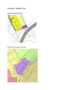 Bildet viser to kartutsnitt (fra reguleringsplan og kommuneplan) som viser arealdelinger og bygningsplassering for Ringveien 204.