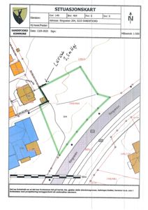 Situasjonskart som viser eiendomsgrenser, naboeiendommer, veier og infrastruktur for eiendommen Ringevølen 204.