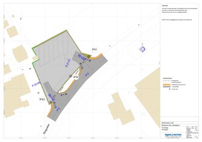 Situasjonsplan som viser tomtens form, grenser, plassering av veier (Ringveien), innkjøringsforhold med radius (R), og nabolag.
