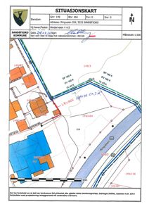 Situasjonskart som viser eiendomsgrenser, naboeiendommer, ledninger og infrastruktur for Ringveien 204 i Sandefjord.