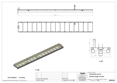 Teknisk tegning av en komplett brygge med mål og konstruksjonsdetaljer