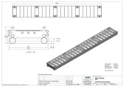 Teknisk tegning som viser en 3D-visualisering av en 'NOFI Nordkapp 30m' sammen med et 2D-snitt med mål og vektspesifikasjoner.