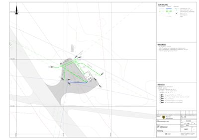 Situasjonsplan som viser VA-ledningsplan (vann og avløp) for et prosjekt i Bærum kommune, inkludert ledningsnett, anleggsplassering og tekniske opplysninger.