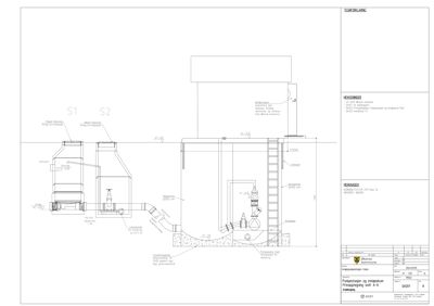 En teknisk detaljtegning som viser innvendig utforming av et pumpesjakt og inntakssjakt, inkludert rørforbindelser, ventilasjon og dimensjoner.