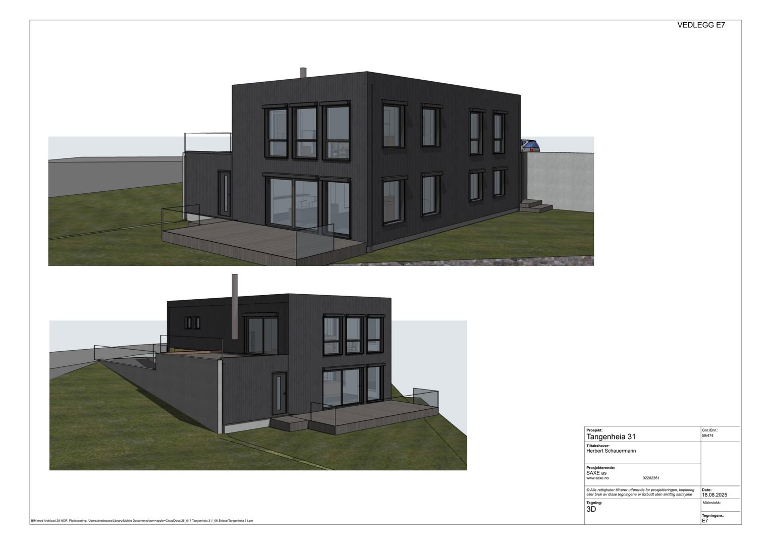 3D-visualisering (rendering) av en planlagt bygning sett fra to ulike vinkler.